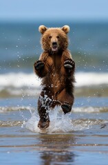 AI-generated illustration of a young brown bear jumping in the water