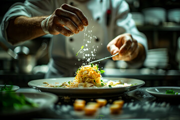 AI generated illustration of a chef giving a final touch to a special delicacy