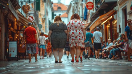 Close up leg of couple fat women running shoes is walking on the street alone.