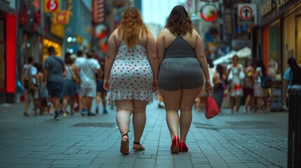 Close up leg of couple fat women running shoes is walking on the street alone.