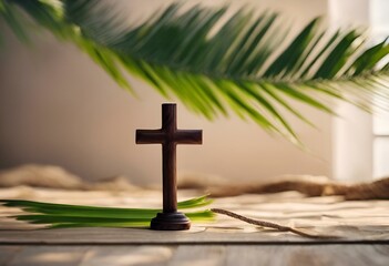 AI generated illustration of a cross on a mat with palm leaves in the background