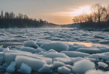 AI-generated illustration of Snow and ice cubes scattered along shore by the water