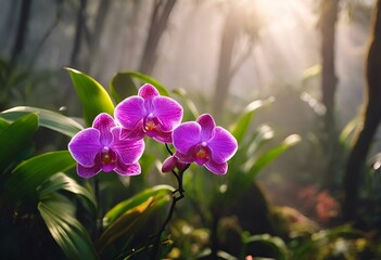 AI generated illustration of pink orchid in jungle with sunlight filtering through