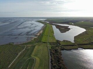 Aerial shot of Wester-Spatinge natural reserve at hide tide in the Wadden sea