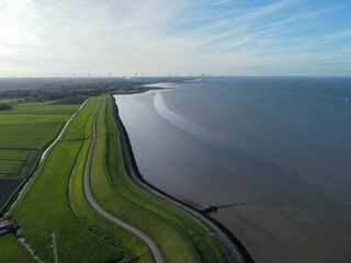 Aerial shot of Wester-Spatinge natural reserve and the coastline of the Wadden sea