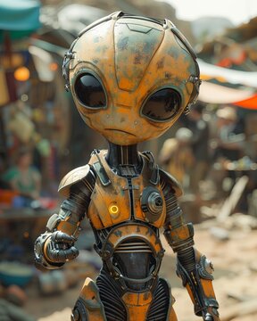 an alien looking robot doll stands on a dirt ground near a market