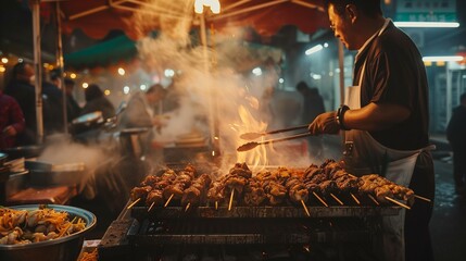AI-generated illustration of a Man barbecuing with wood fuel on a grill at the street market - obrazy, fototapety, plakaty