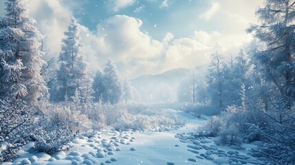 A serene and snowy forest scene, with frosted trees and a soft blanket of snow, under a bright winter sky.