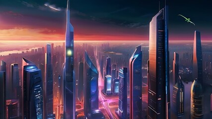 AI generated illustration of futuristic city skyscrapers