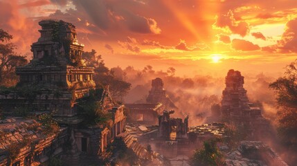 A mystical sunrise casts a golden hue over ancient temple ruins overtaken by nature, creating a breathtaking scene of history intertwined with the wild.