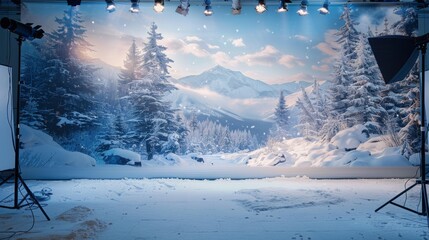 A well-equipped studio setup replicating a winter scene, complete with professional lighting and a backdrop of a snowy mountainous landscape.