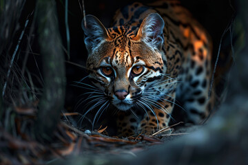 a close up of a cat in the woods near some rocks