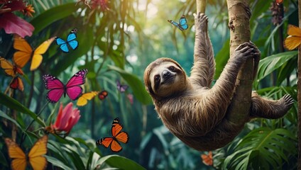 a sloth is hanging on a branch with many butterflies in the background
