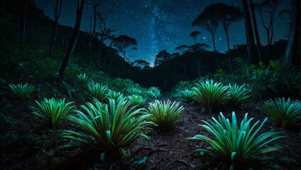 Obraz na płótnie Canvas some green plants on a dirt field under a starry sky