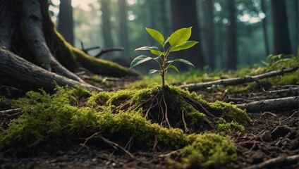 a green plant in the middle of the forest on a moss covered ground - obrazy, fototapety, plakaty