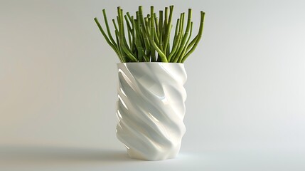 A sculptural, abstract vase with a glossy white finish, holding a minimalist arrangement of green...