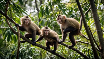 three monkeys climbing up a tree in a tropical forest in costa rica