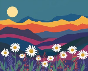 Vector illustration of a mountain landscape with daisies in the foreground.