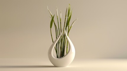A sculptural, abstract vase with a glossy white finish, holding a minimalist arrangement of green bamboo sticks