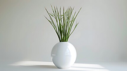 A sculptural, abstract vase with a glossy white finish, holding a minimalist arrangement of green...