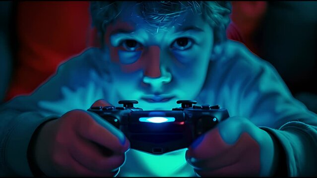 Child focused on gaming with controller, illuminated by blue screen light.	