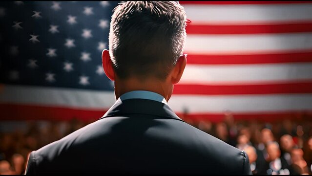 Politician addressing crowd, American flag background, election campaign. Shallow field of view.	