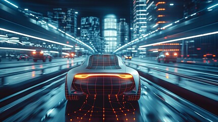 Futuristic 3D Concept Car. Autonomous Self Driving Van Moving Through City Highway. Visualized AI Sensors Scanning Road Ahead for Speed Limits, Vehicles, Pedestrians. Back View.