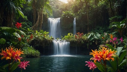 a waterfall surrounded by green plants in the middle of a jungle