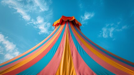 Looking up, the colorful stripes of a circus tent peak majestically against a bright blue sky, embodying the joyful spirit of the circus.