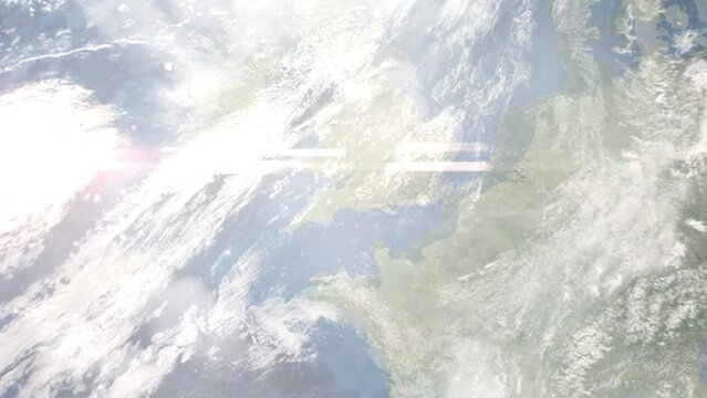 Zoom in from space and focus on Yeovil, UK. 3D Animation. Background for travel intro. Elements of this image furnished by NASA