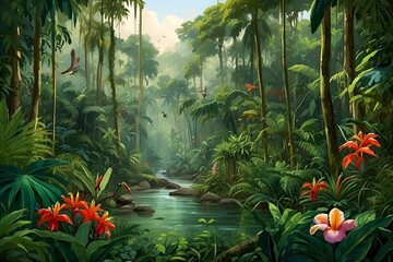 a jungle scene with a river surrounded by lush green vegetation - obrazy, fototapety, plakaty