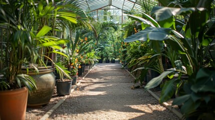 Meander down this gravel path surrounded by the lush, verdant leaves of tropical plants in the sunlit serenity of a spacious greenhouse.