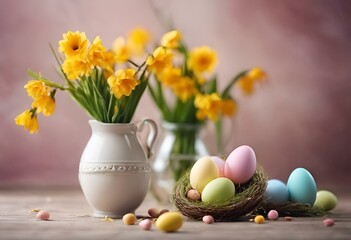 easter eggs and flowers in small vases on table with pink and yellow background