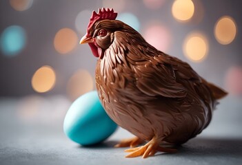 a figurine of a chicken and an egg in front of a boke