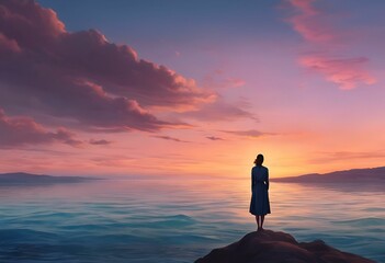 AI generated illustration of a woman on a coastline at sunset
