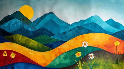 A painting of colorful rolling hills with a mountain backdrop.