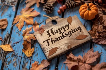A paper tag with Happy Thanksgiving handwritten on it is attached to a string and hanging from the edge of a rustic wooden table