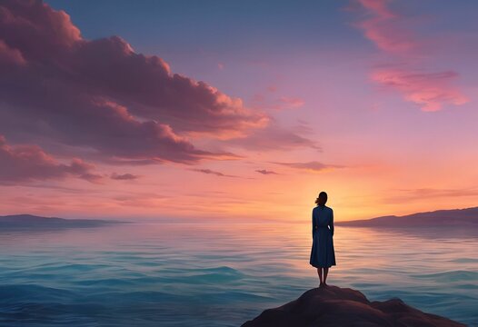 AI generated illustration of a woman on a coastline at sunset