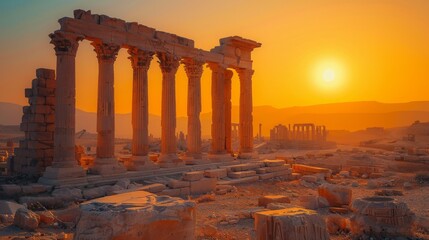 The warm golden light of the setting sun bathes ancient stone ruins, evoking a sense of history and timelessness amidst the rolling hills.