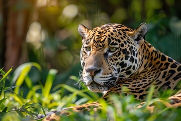 AI generated illustration of a wild leopard resting in a lush jungle