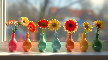 A set of miniature, brightly colored vases, each with a single, vibrant gerbera daisy, arranged on a sunny window ledge