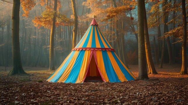 The whimsical charm of a circus tent stands out amongst the autumn-hued forest, bathed in the enchanting glow of the golden hour.