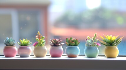 A set of miniature, colorful ceramic vases on a windowsill, each with a different type of succulent - Powered by Adobe