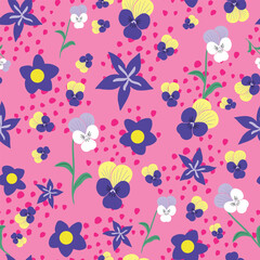 Spring flowers pansy heartsease seamless pattern design on pink