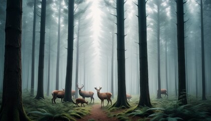 A serene scene captures deer calmly grazing among towering trees in a fog-filled forest, emanating a mystical ambiance.