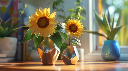 A set of small, hexagonal vases in a metallic finish, each holding a bright yellow sunflower, for home office desk