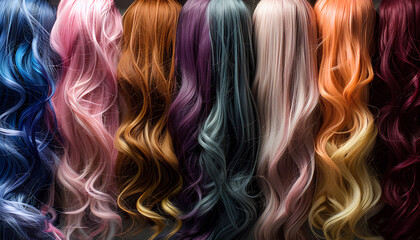 different colors and stiles of wigs - obrazy, fototapety, plakaty