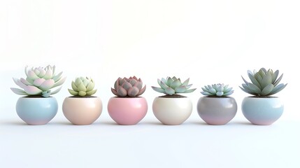 A set of small, round porcelain vases in pastel colors, each holding a delicate succulent