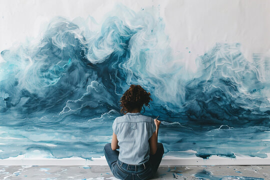 An artist sits on the floor in front of a large abstract painting of an ocean wave.