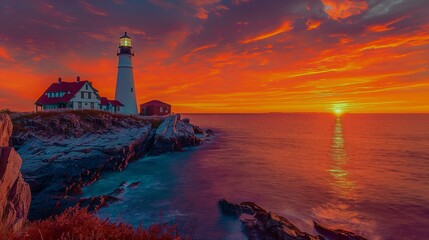 AI-generated illustration of a Maine lighthouse against a spectacular sunrise - obrazy, fototapety, plakaty